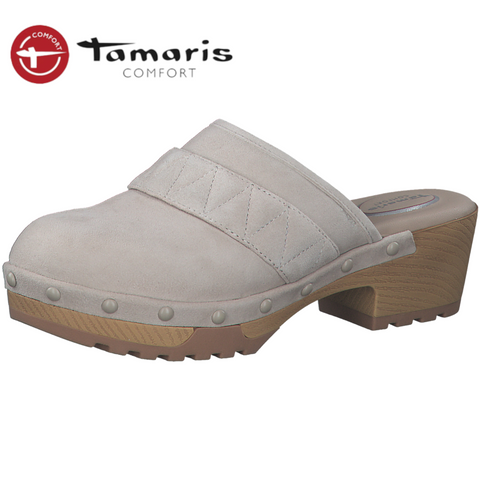 Tamaris Ανατομικό Δερμάτινα Mules με Χοντρό Χαμηλό Τακούνι σε Μπεζ Χρώμα BOURLIS Shoes - Accessories