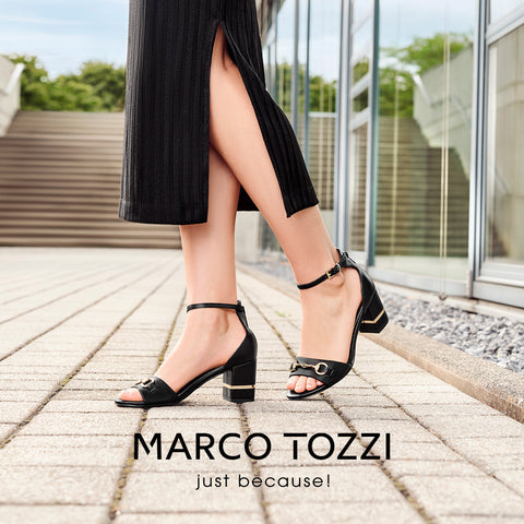 Marco Tozzi Γυναικεία Δερμάτινα Πέδιλα με Χοντρό Μεσαίο Τακούνι σε Μαύρο Χρώμα Marco Tozzi